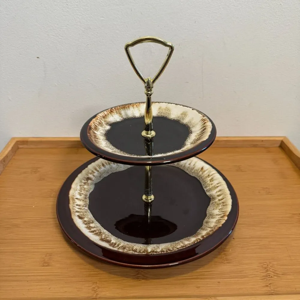 Vintage Pfaltzgraff Gourmet Brown Drip 2 Tier Serving Tray 10” 7” USA MCM